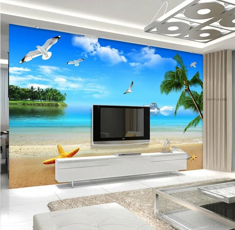 8d Blue Sky White Clouds Sea View Tv Background Wall Wallpaper Hotel Decoration Mural Beach Scenery Living Room Wall Covering