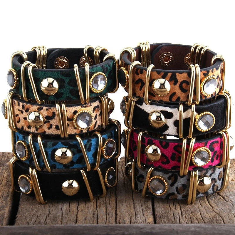 Fashion Boho Leather Armbander Gold  Color Metal Rectangle Real Leopard Horsetail Leather Bracelets for Women Gift