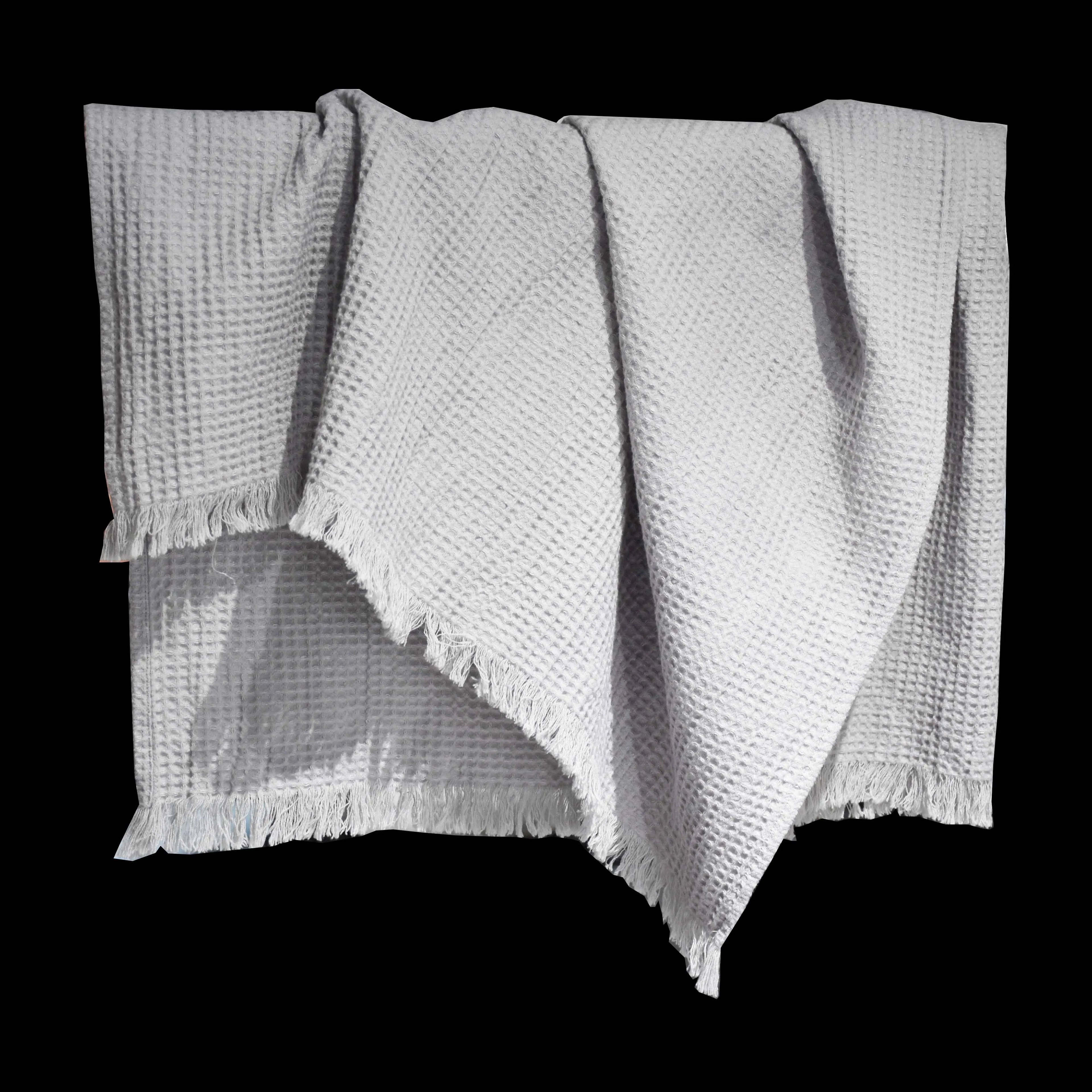 White 52%  Linen and 48% Cotton Soft and Absorbent French Waffle Face Bath Towel Tassel