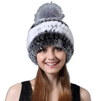 MWFur Luxury Head Warmer Hand Knitted Cap Fox Fur Pompoms Rex Rabbit Fur Hat Beanies for Women Winter  Fashion Hat Fashion