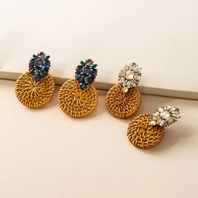Vintage Diamond Bamboo Braided Earrings Rhinestone Crystal Flower Shape Statement Earrings Women
