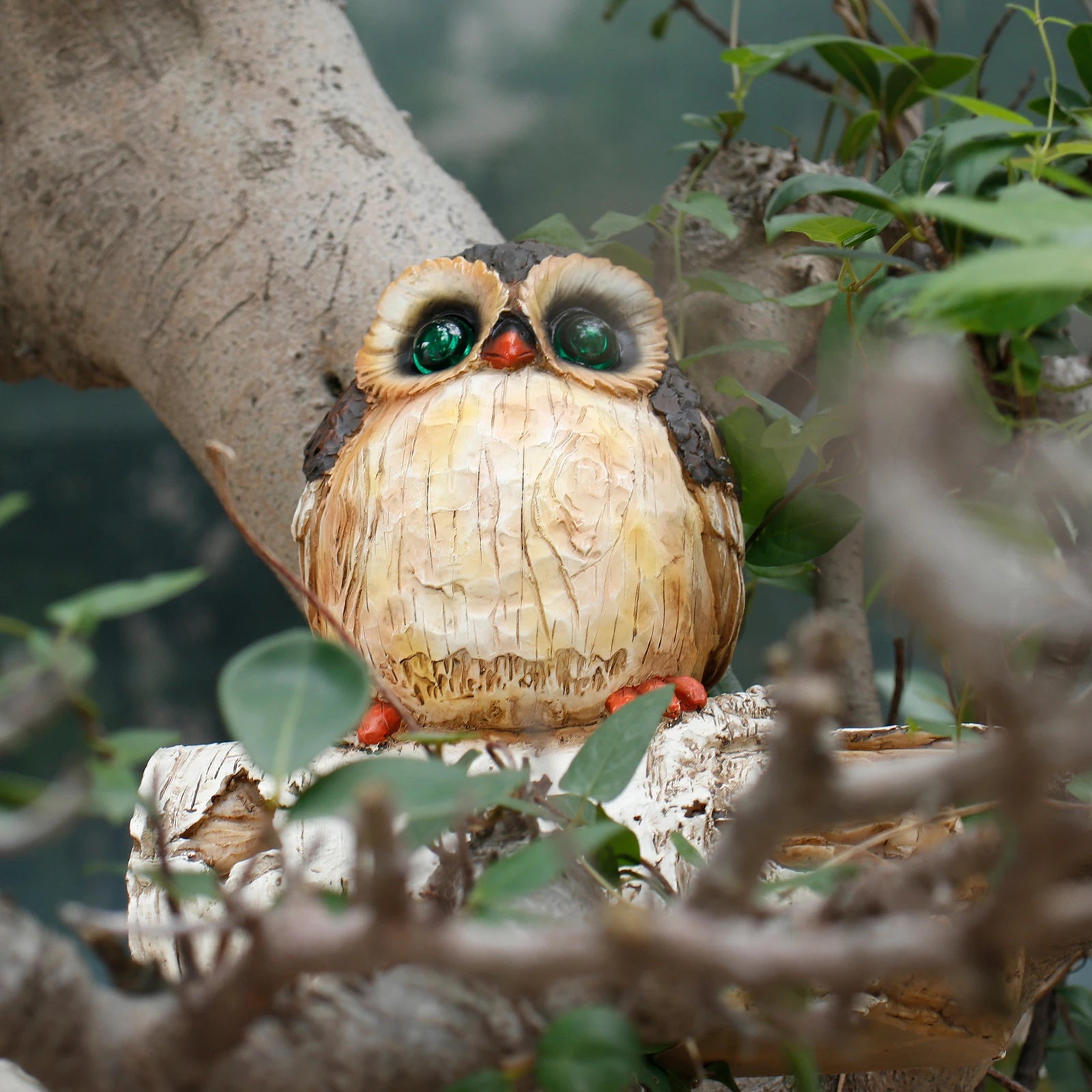 Solar Powered Owl Garden Statue with Glowing Green Eyes Realistic Feathered Resin Sculpture on Wood Stump Base