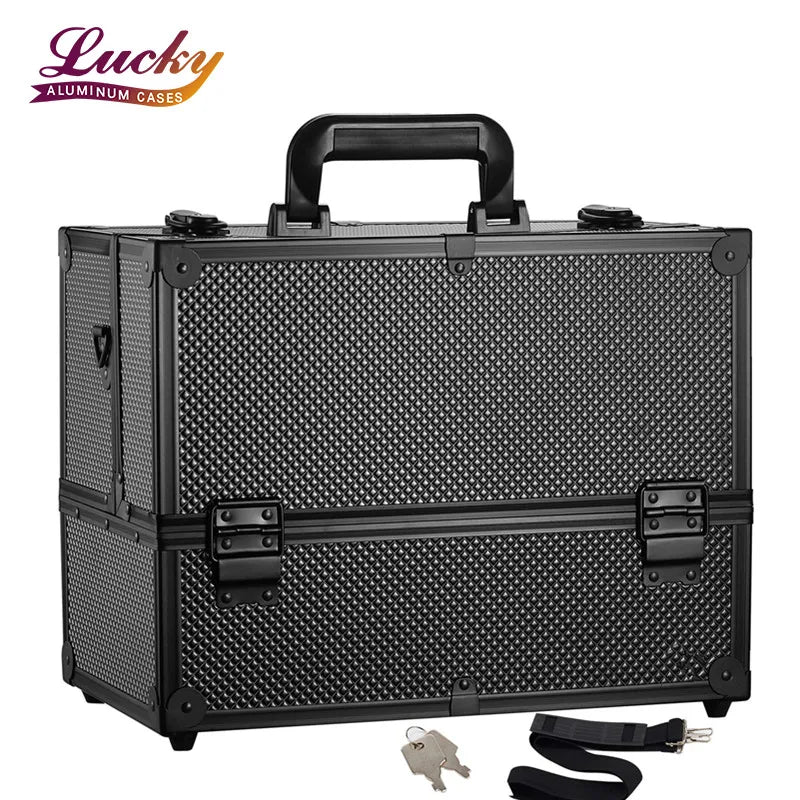 Professional Fashion Aluminum Diamond Lattice Makeup Train Case Adjustable 6 Trays Cosmetic Cases Storage Organizer Box