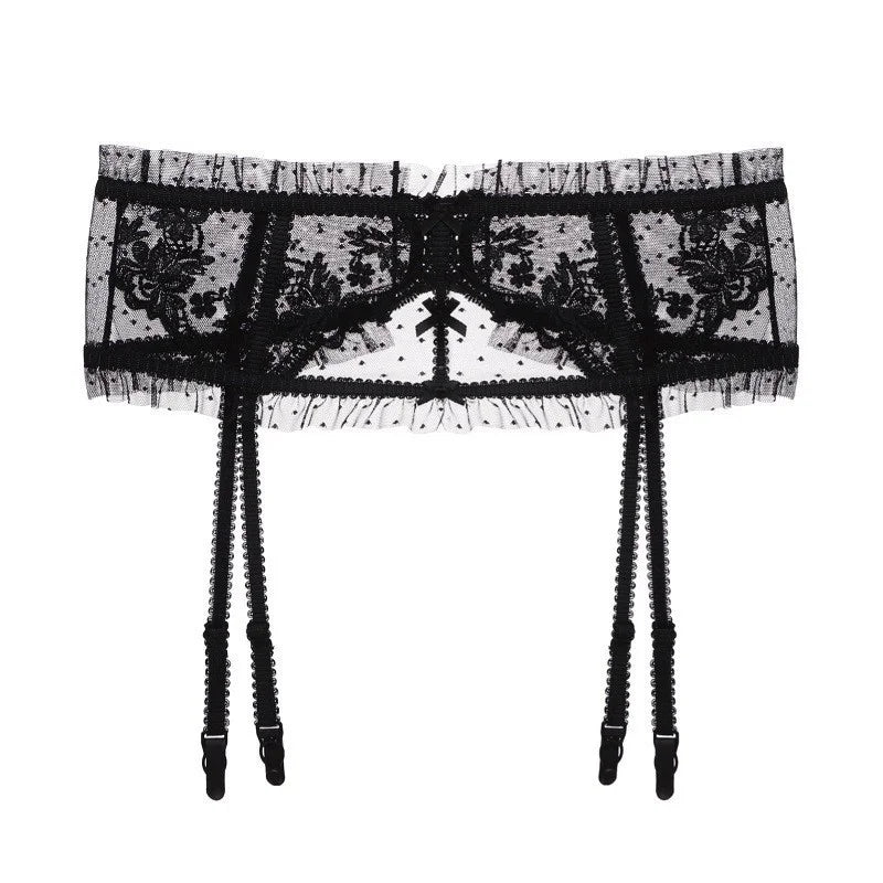 French-Style Garter Belt Set with Ultra-Thin Sheer Lace Bra Clip-On Stockings Waist Cincher