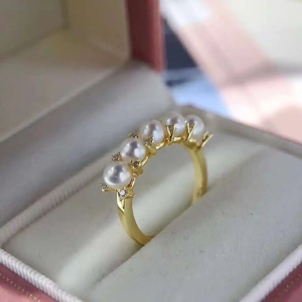 18K Gold Plated Zircon Corolla Small Row Ring 5 Freshwater Pearl for Engagement Wedding Gift-Joyas De Perlas
