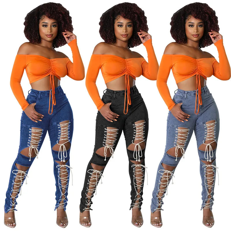 Pantalones De Mujer Stretchy Jeans Trousers Skinny Pants Plus Size Jeans Pant Women Femme Denim Fashion Bandage Jeans 2022