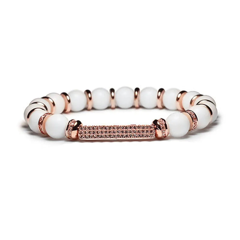 New Fashion 8mm Gemstone CZ Pave Charm Natural Stone Crystal Beaded Elastic Custom Bracelet for Women