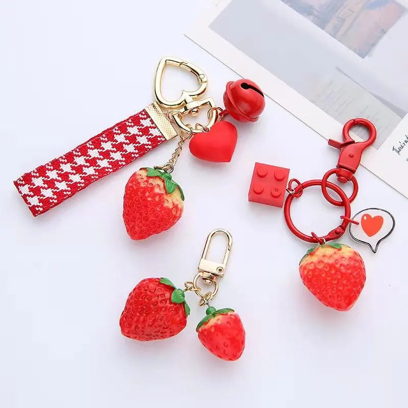 3D Resin Strawberry Red Heart Keychain for Women Girl Jewelry Simulated Fruit Cute Car Key Holder Small Bell Keyring Best Friend