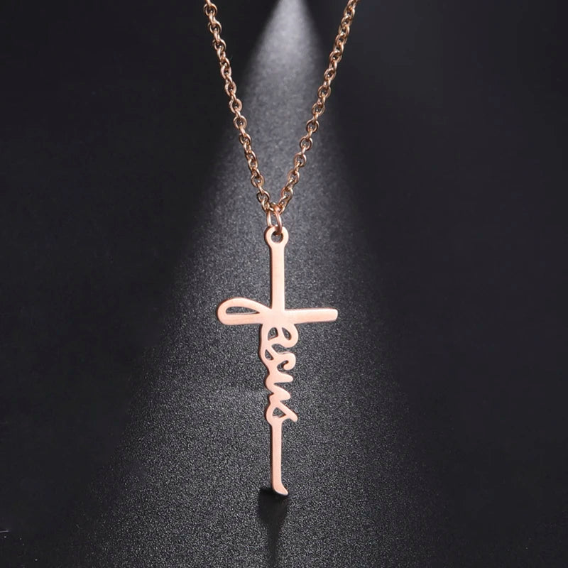 Stainless Steel 18k Gold Plated Jesus Cross Christ Necklace Male Dainty Cross Faith Strength Pendant Necklace Hope Cross Pendant