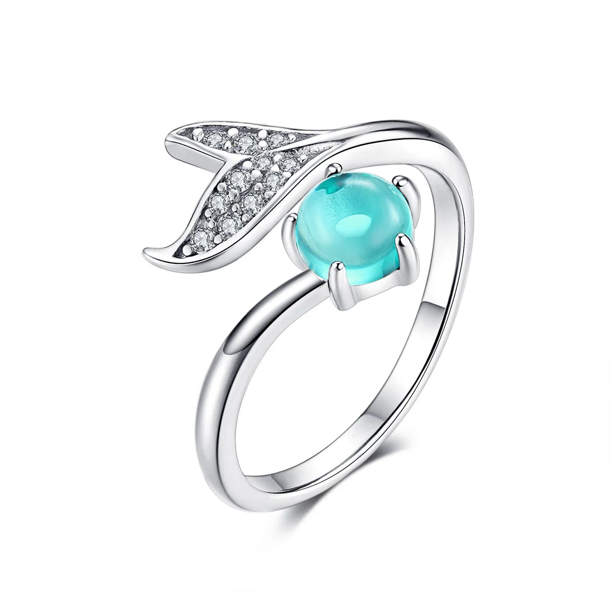 Mermaid Ring 925 Sterling Silver Blue Ocean Stone Tear Fish Tail Rings for Women Open Ajudstale Ring Jewelry SCR515