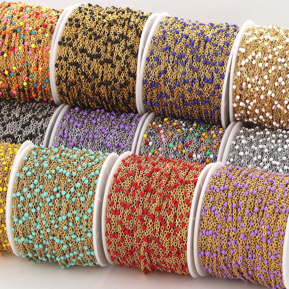 Gold Enamel Chains DIY Necklace Bracelet Stainless Steel Colorful Enamel Beaded Cable Link Chain Roll Spool for Jewelry Making
