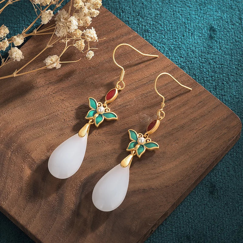 Chinese Style Jade Earrings Vintage Cheongsam Han Costume Jewelry Enamel Painted Butterfly Earring