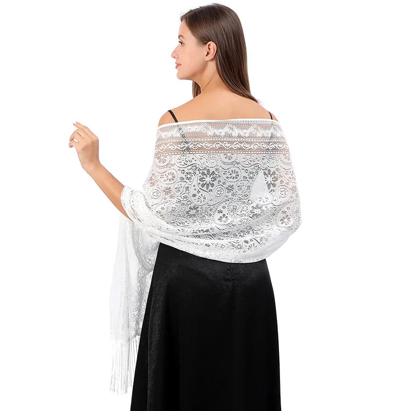 Women's Floral Lace Scarf Shawl With Tassels Soft Mesh Fringe Wraps for Wedding Evening Party Dresses