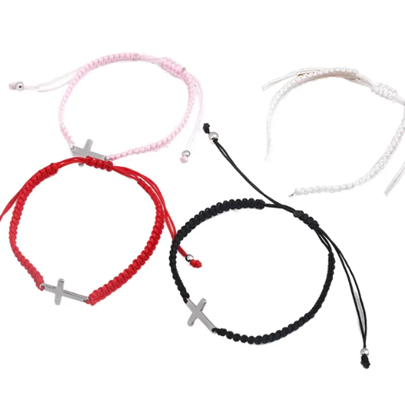 Adjustable Bohemian Style Stainless Steel Cross Hand-Woven Wrap Bracelet Religious Adjustable Cross Charm Braided Rope Bracelet