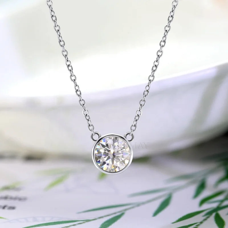 Fashion Style 6.5mm 1Carat Main Stone S925 Silver D VVS Pass Diamond Tester Moissanite Necklace Adjustable Chain Ready to Ship MegaBDM