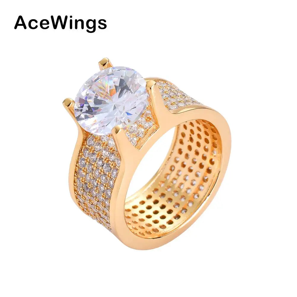 R009 Brass Prong Setting Zircon Stone Hip Hop Ring All Iced Out CZ Stone Rings