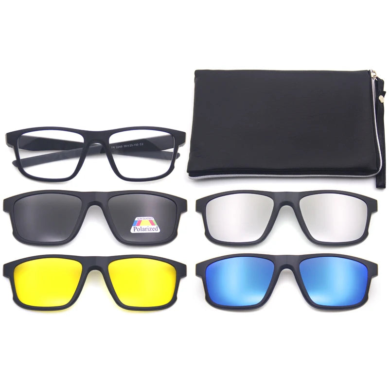 Ready Stock Tr90 Classic Unisex Eyewear 5 1 Night Vision Polarized TAC/PC Lens Magnet Clip Glasses Black Frame for Custom Logo