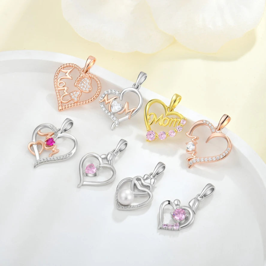 YILUN 925 Sterling Silver Mom Heart Pendant for Mother's Day Gift - Cubic Zirconia & Pearl Jewelry Set for Women