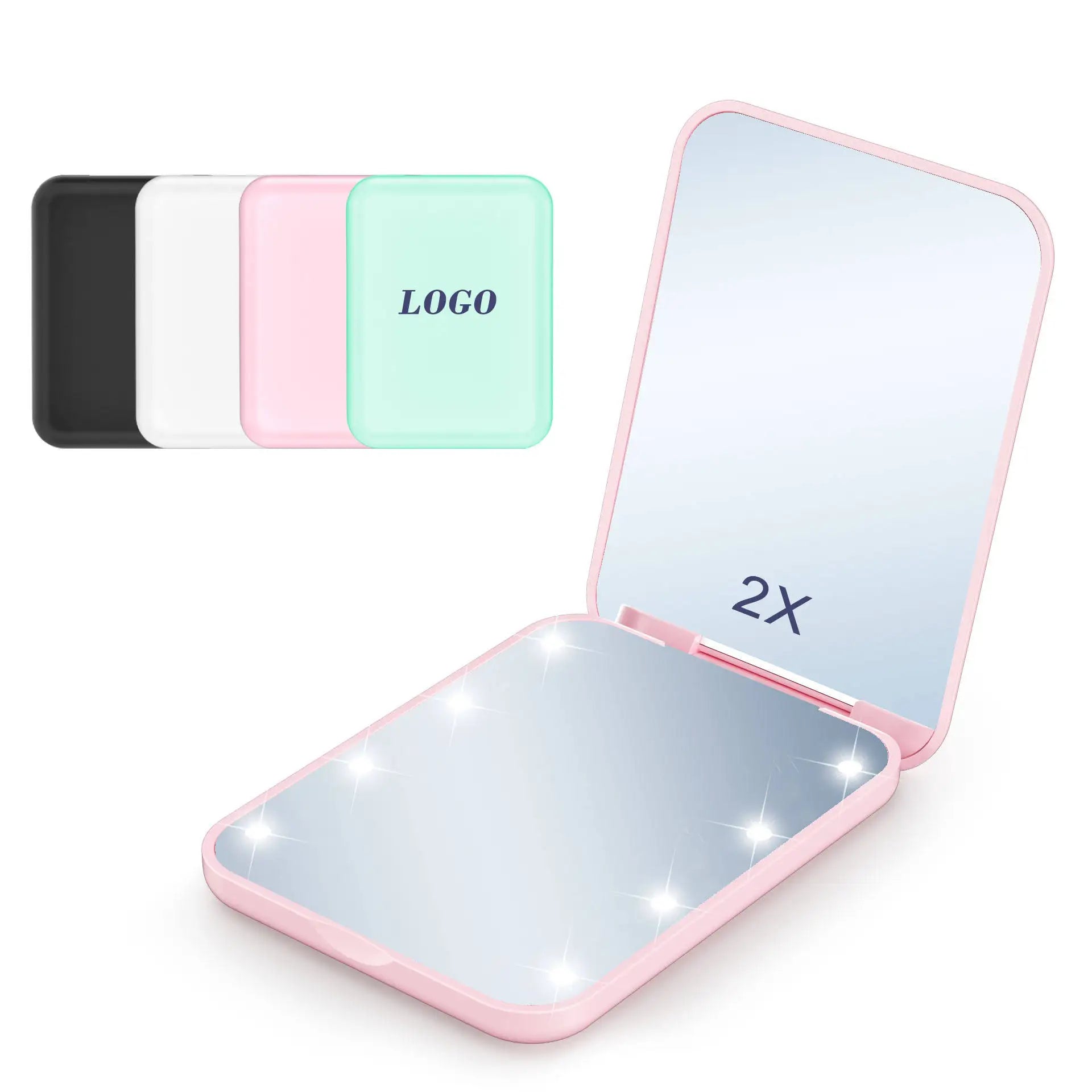 Custom Portable Folding Small Mini LED Light Cosmetic Mirror 1X/2X Magnification Cute Purse Handheld Design for Makeup