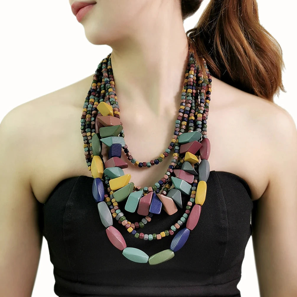 3 Colors Ethnic Retro Bohemian African Statement Long Necklace Blocky Wooden Beads Multi Layer Handmade Necklace Charm Jewelry
