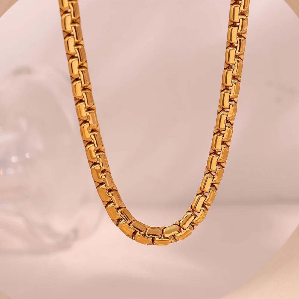 18K Gold Plated Jewelry Stainless Steel Flat Table Box Square Rolo Pearl Link Chain Necklace Women Christmas Gift