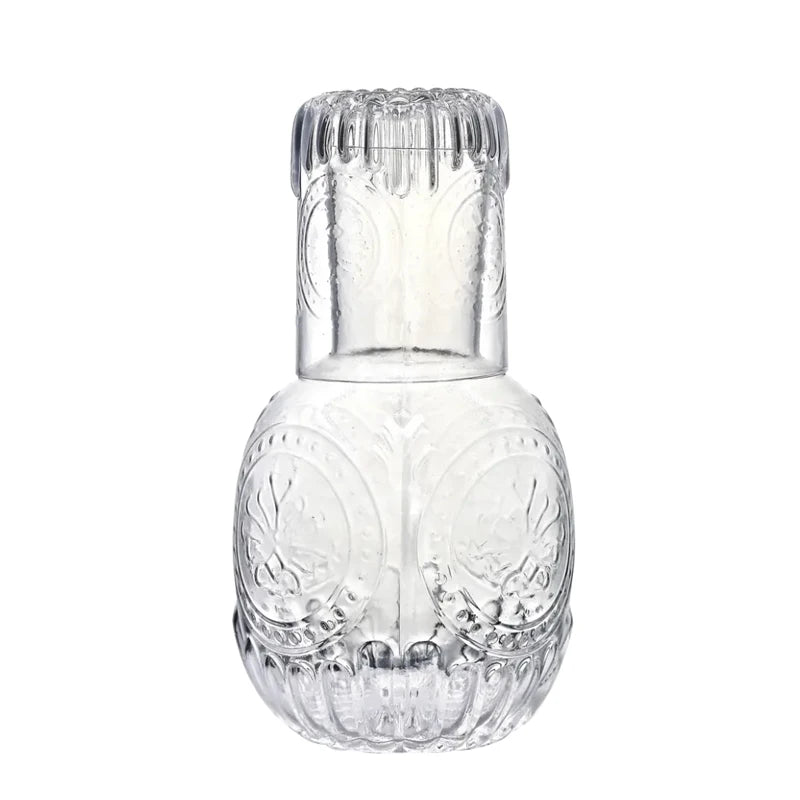 Hand Blown 1000ml Embossed Transparent Drinking Glass Carafe with Lid Bedside Water Glass Drinkware