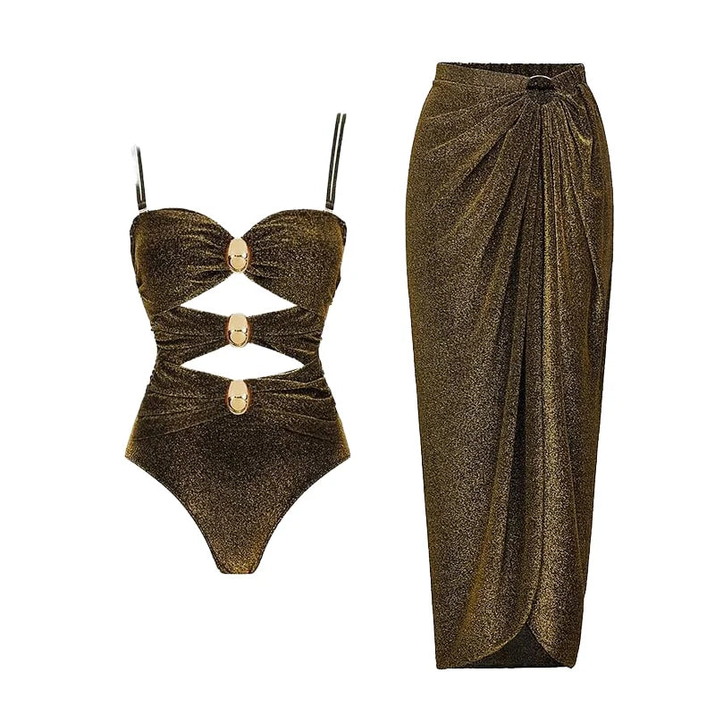 2025 European American Floral Handmade Bikini Women's One-Piece High Waist Bandeau Slim Long Skirt Conservative Tight Hard Bag