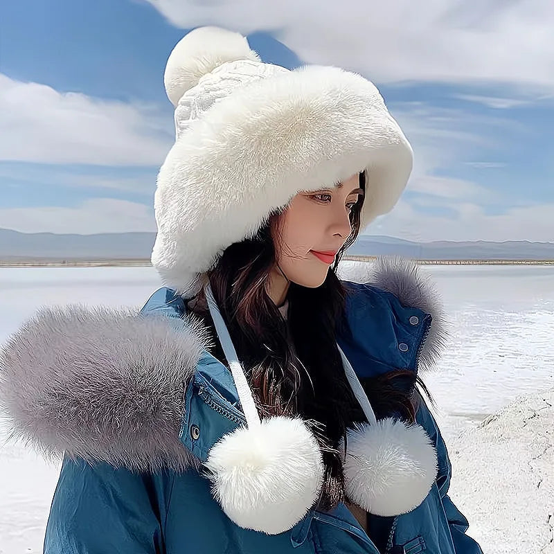 New Women's Cute Faux Fur Pom Hairball Plush Ear Protection Knitted Hat-Keep Warm & Travel Adjustable