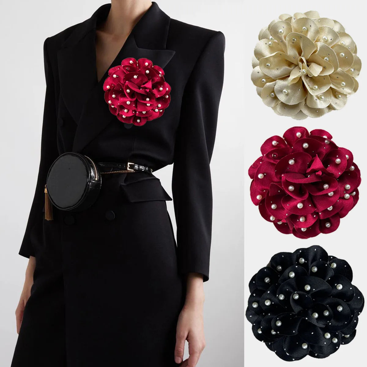 Wedding Accessories Large Satin Fabric Rose Flower Extra Big Lapel Pins Pearl Embellished Flower Brooch Shoulder Flower Brooches
