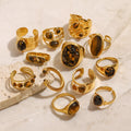 J&D Dainty 18k Gold Stainless Steel Natural Stone Adjustable Rings Vintage Style Tiger Eye Stone Open Rings