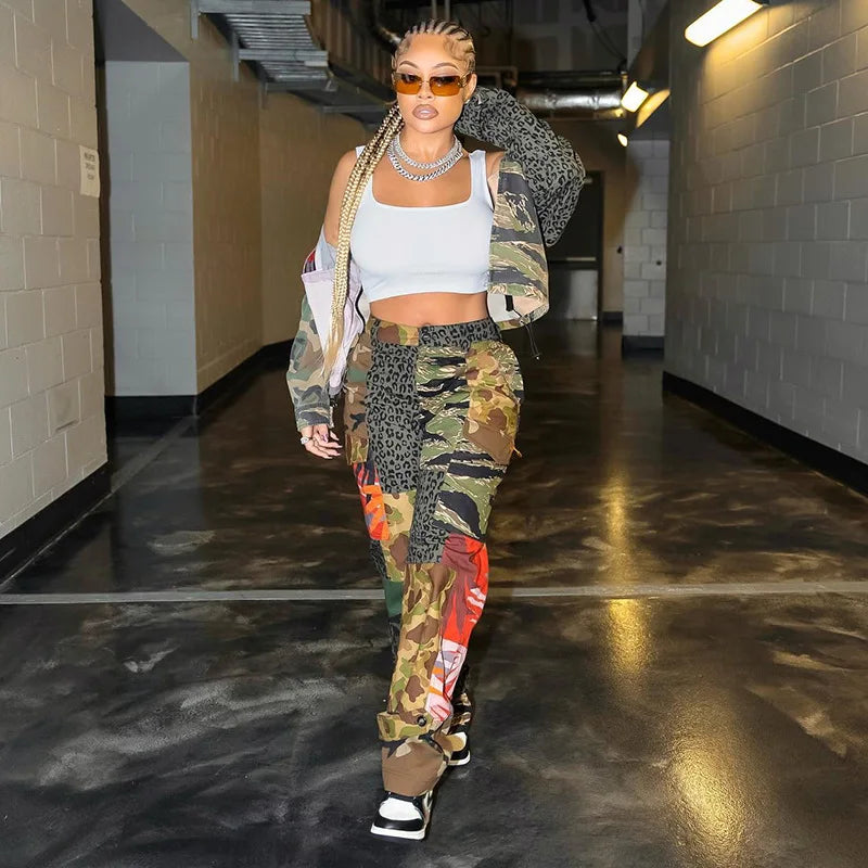 Women Fashion Cargo Jeans Pants Ladies Camouflage Spring Long Pants Girls Block Casual Trousers