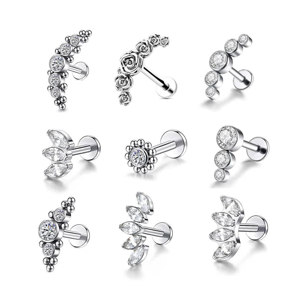 F136 Titanium Labret Studs 16G Lip Studs Zircon Earrings Piercing Internally Thread Cartilage Earring Flat Back Piercing Jewelry