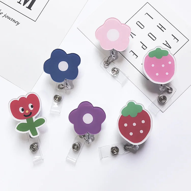 Cute Strawberry Flowers Acrylic Retractable Badge Reel Nurse Doctor Student ID Lanyard Card Clips Badge Holder Pin Stationery