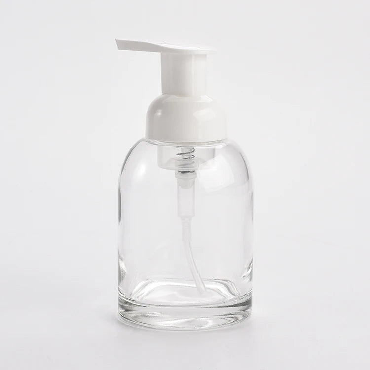 High Quality 250ml Transparent Thick Glass Foaming Soap Dispenser Bottle with White Plastic Hand Pump