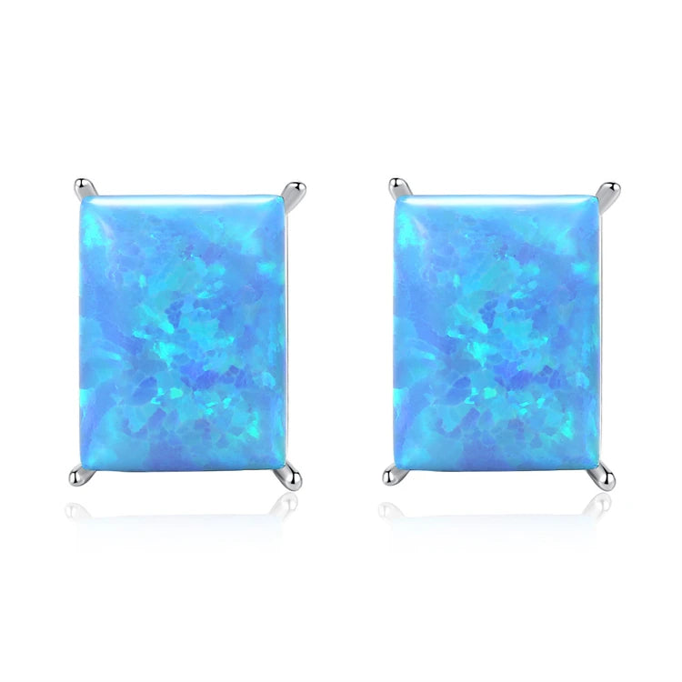 Fine Jewelry 925 Sterling Silver Square Shape Natural Blue Fire Opal Stud Earrings for Women