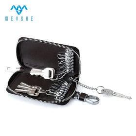 Custom Price Brown Zipper Car Key Holder Genuine Leather Keychain With Metal Holder Printed Pattern Key Protection Function