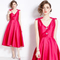 2024 Spring/Summer European Beauty Sexy Sleeveless Long Dress V-neck Bow With Diamond Button Banquet Dress