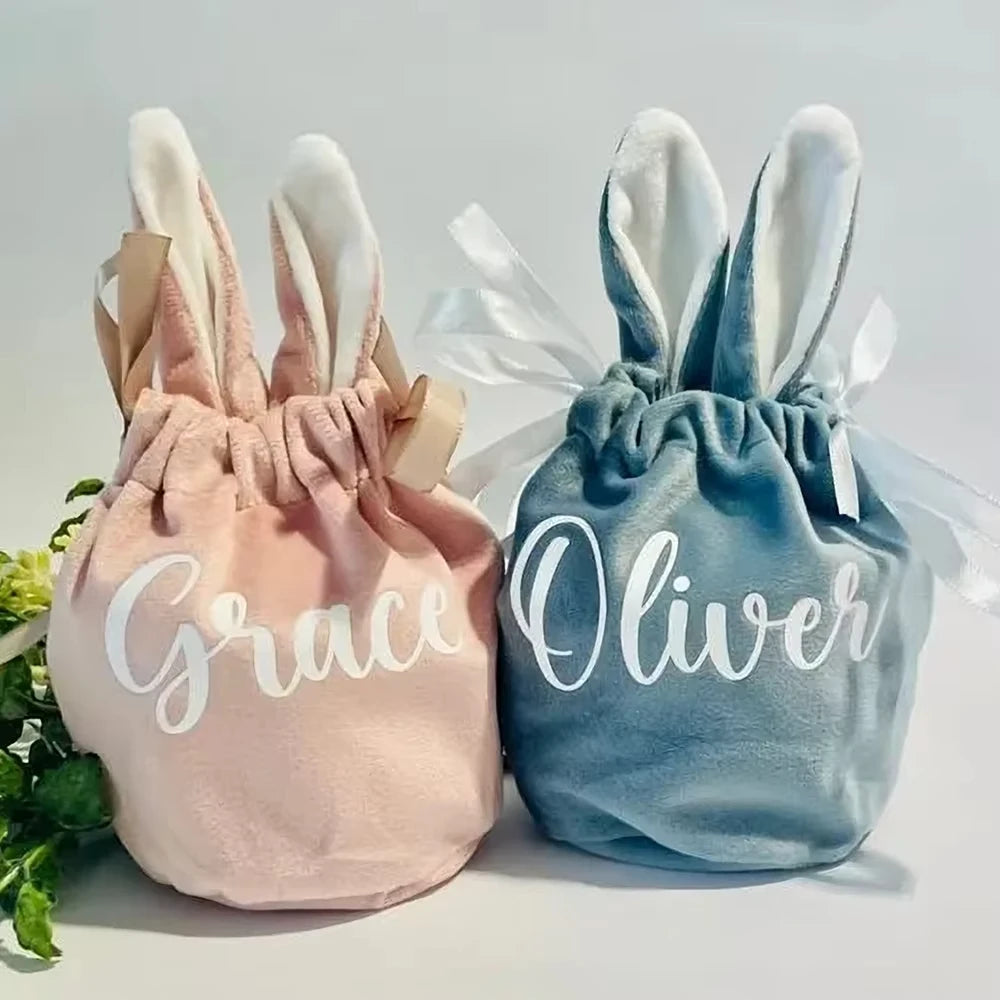 Custom Velvet Bunny Drawstring Bag with Rabbit Ears Easter Candy Basket Pouch for Candle and Craft Gifts