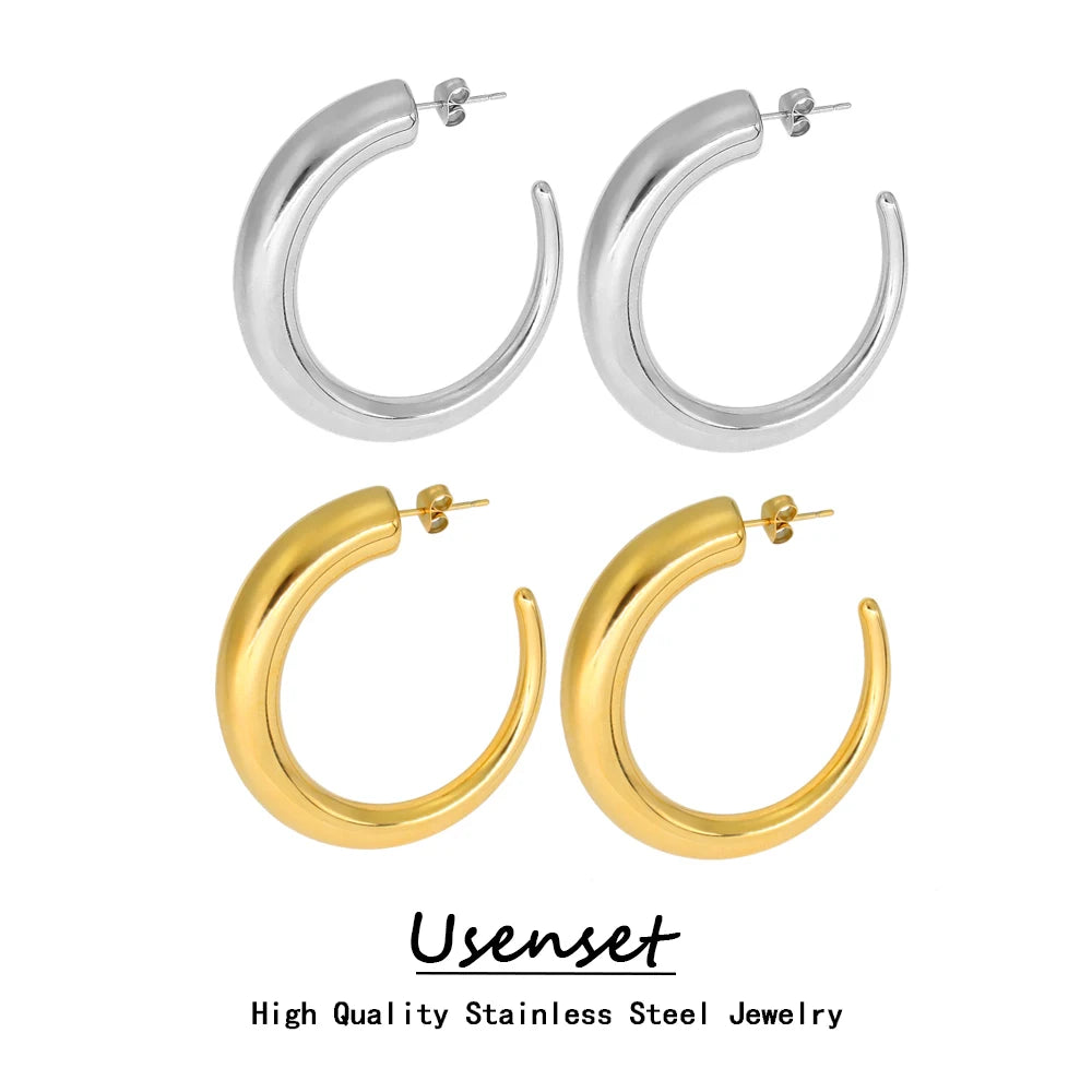 Women Polished C Shaped Hoop Earrings PVD Gold Plated Stainless Steel Hollow Big Circle Ear Jewelry Anti Allergic