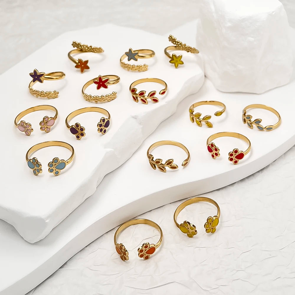 Customized Adjustable Open Ring Star Leaf Paw Enamel Colorful 18k Gold Plated Stainless Steel Fashion Jewelry for Women Children