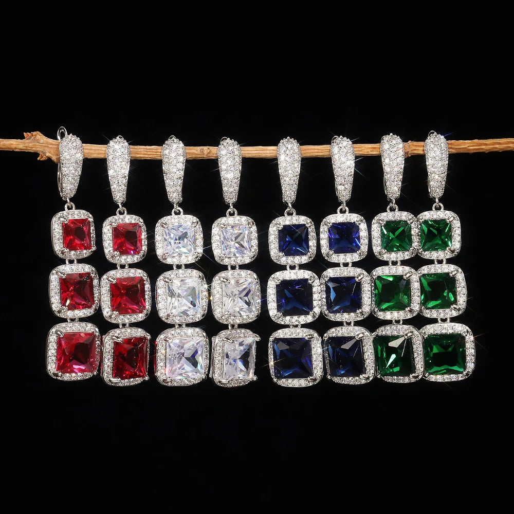 CAOSHI High End Luxury Blue White Red Green Square CZ Dangle Earrings for Women Bridal Engagement Wedding Earrings