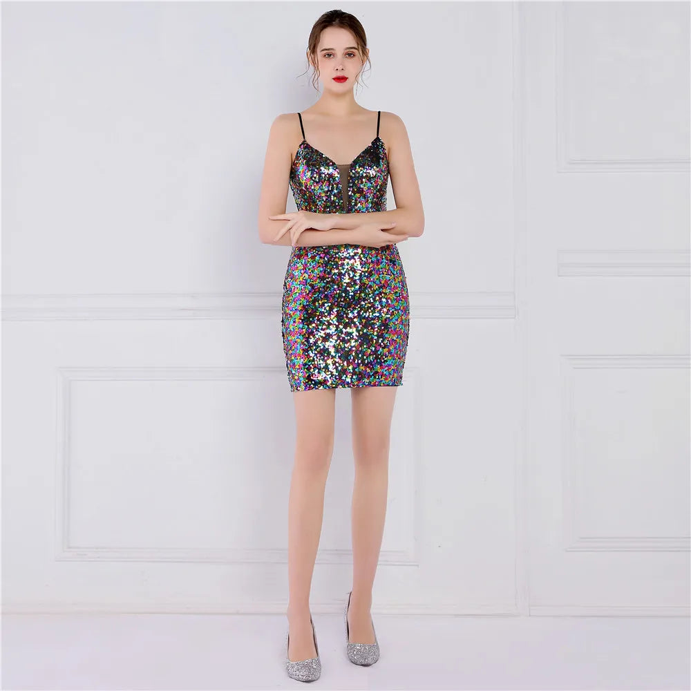 18826#new Banquet Beauty Magic Beads Party Short Strap Socialite Evening Dress