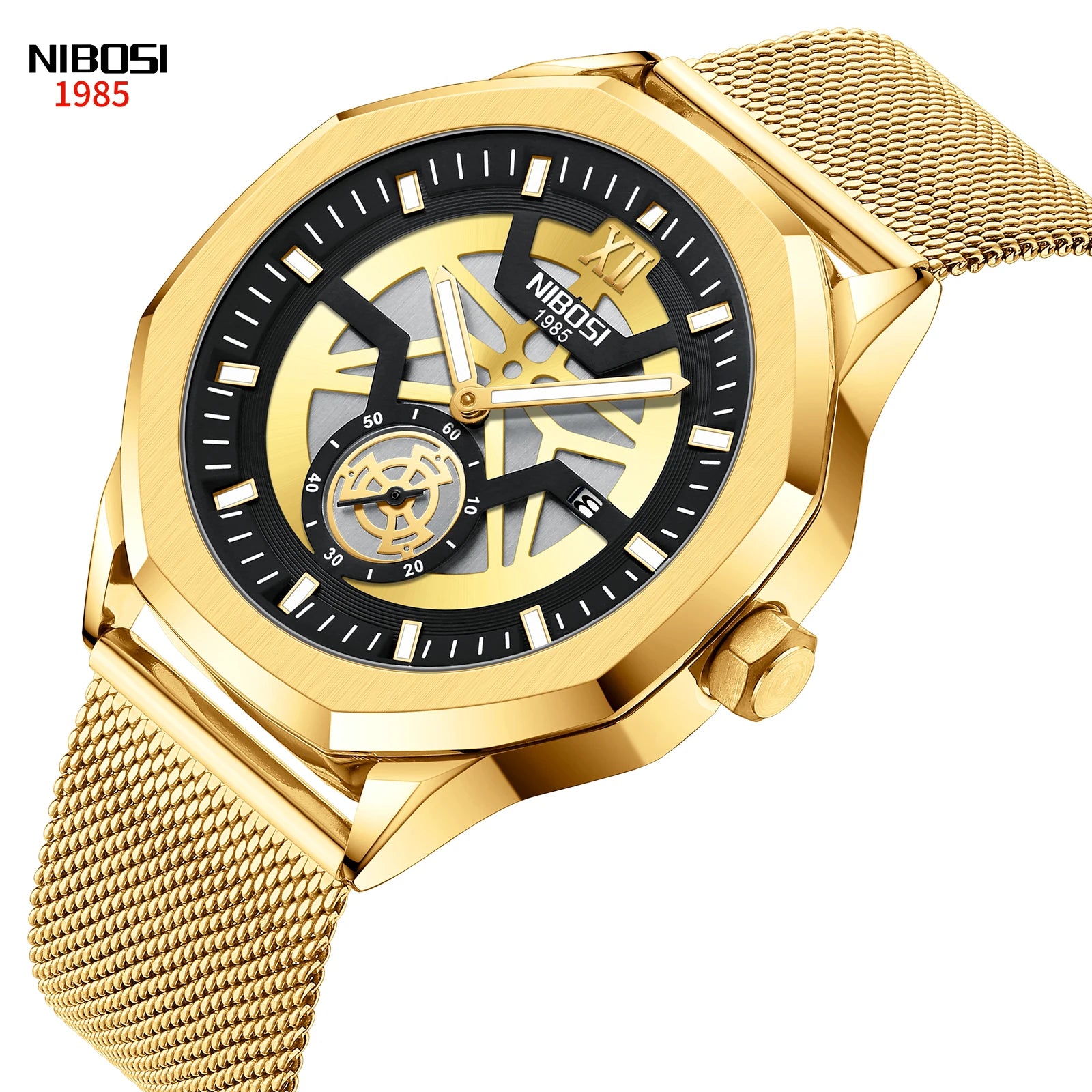 Ready to Ship 2022 New Wristwatch NIBOSI 2518 Chronograph Gold Stainless Steel Mesh Watch