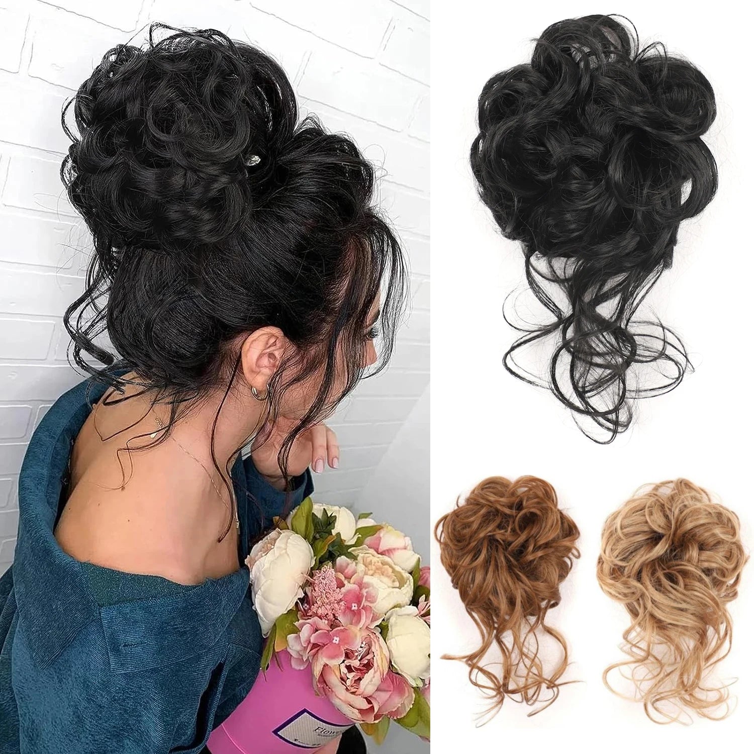 Women's Elastic Curly Synthetic Hair Bun Updo Extensions Messy Tousled Chignon with Rubber Band Attachment and Ponytail Band