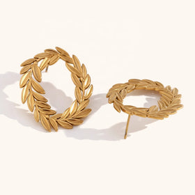 Dingran New Arrival Fashion Jewelry O Shape Leaf Stud Earrings Gold Plated Joyas De Acero Inoxidable Al Por Mayor