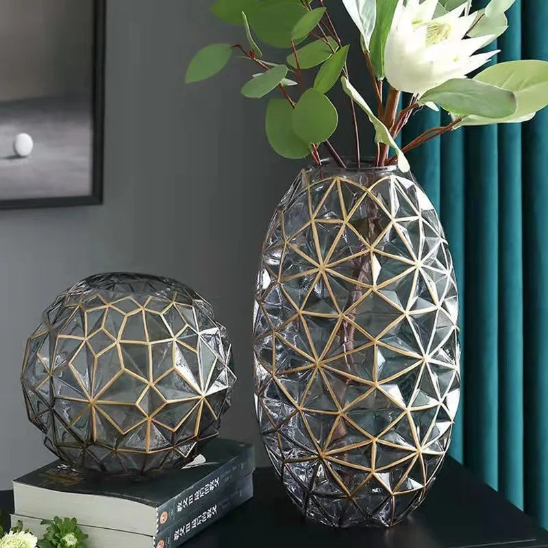Luxury Grey-green Gold Plating Glass Vases Nordic Living Room Light Luxury Floral Vases Wholesale