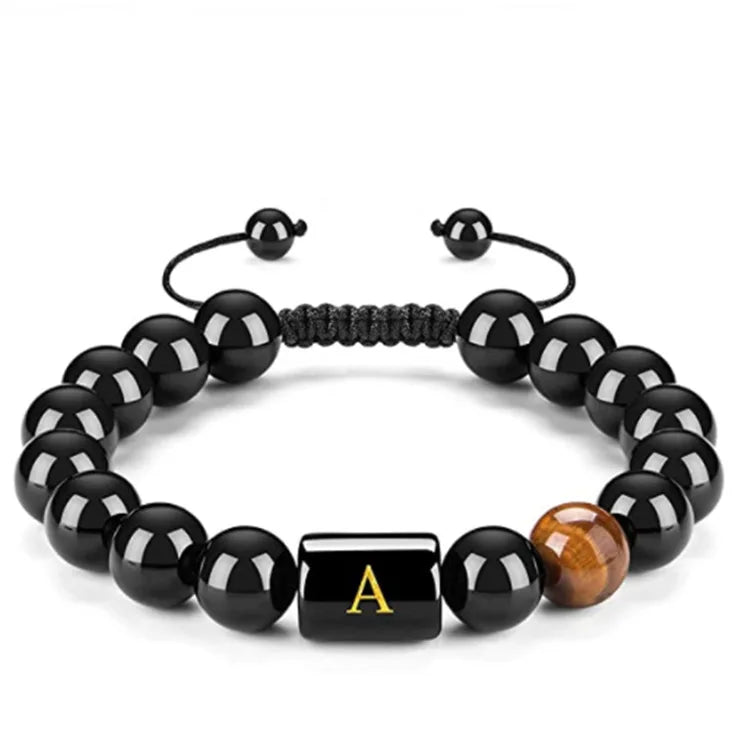 Black Obsidian Gemstone Bead Initial Letter Alphabet Charm Bracelet Handmade Adjustable Bracelet China Supplier Manufacturer