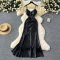 LW0809 Party Long Dress Female High-End Temperament Split Beaded Pu Leather Long Strap Dress Elegant Party Dresses Woman