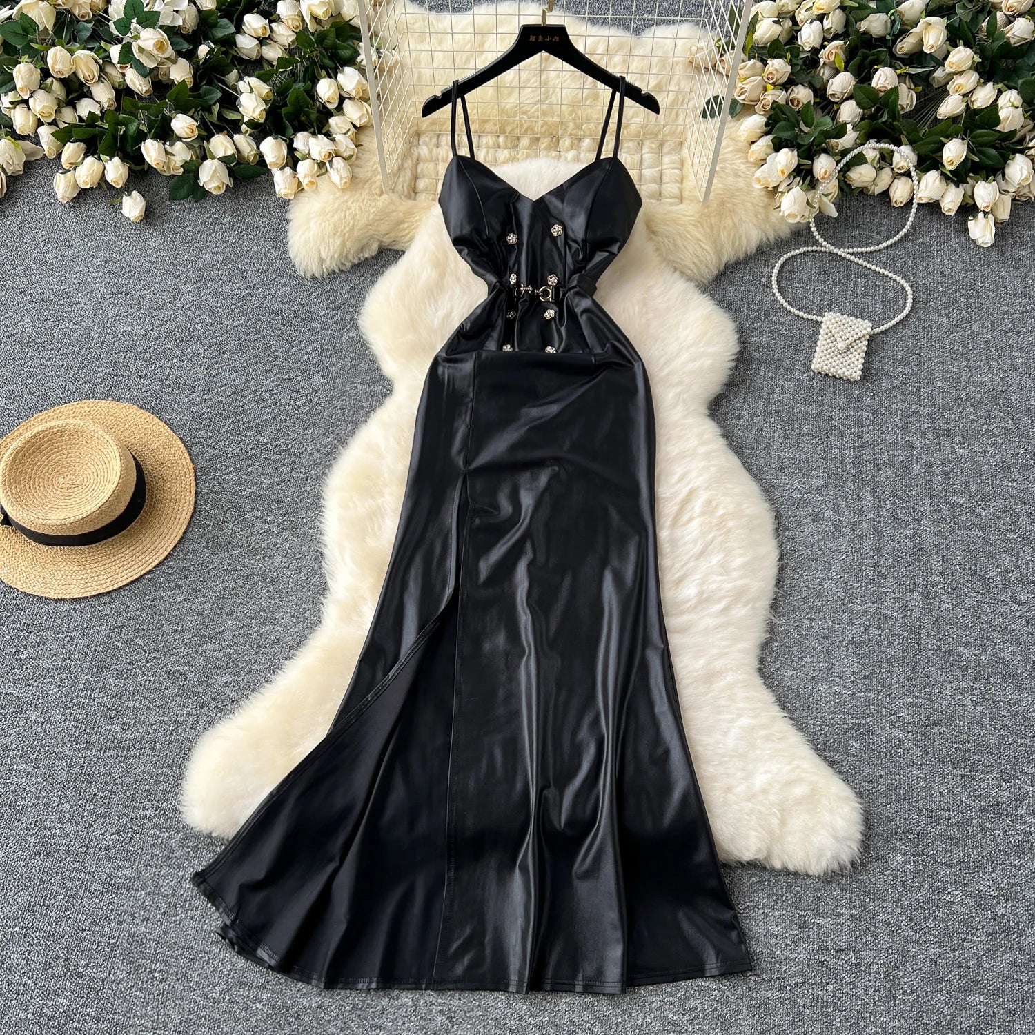 LW0809 Party Long Dress Female High-End Temperament Split Beaded Pu Leather Long Strap Dress Elegant Party Dresses Woman