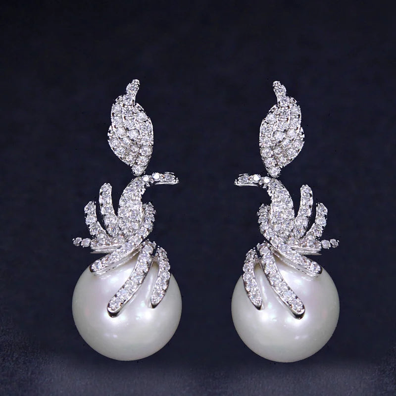 Symmetrical Gorgeous Micro Pave Cubic Zirconia Stones Silver Plated Women Dangling Drop Pearl Earrings New Fashion Jewelry